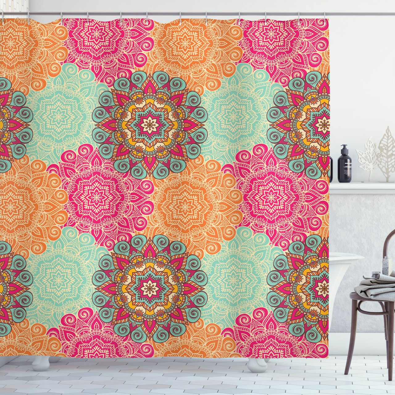 Ambesonne Mandala Shower Curtain, Antique Mandala Patterns Circles in Vintage Colors Native Tribal Ornamental, Cloth Fabric Bathroom Decor Set with Hooks, 70" Long, Fuchsia Orange